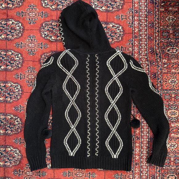 Liz Claiborne Black Cotton Zip Front Hooded Cardigan Sweater Pom Pom Drawstring - Picture 2 of 6